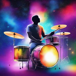 A cosmic scene where a drummer is playing a drum set in space
