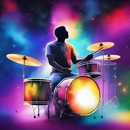 A cosmic scene where a drummer is playing a drum set in space