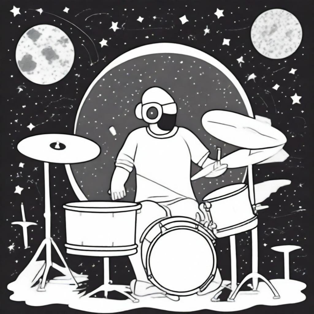 A simple line drawing of a drummer playing a drum set in space