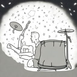 A simple line drawing of a drummer playing a drum set in space