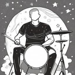 A simple line drawing of a drummer playing a drum set in space