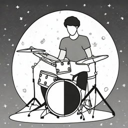 A simple line drawing of a drummer playing a drum set in space