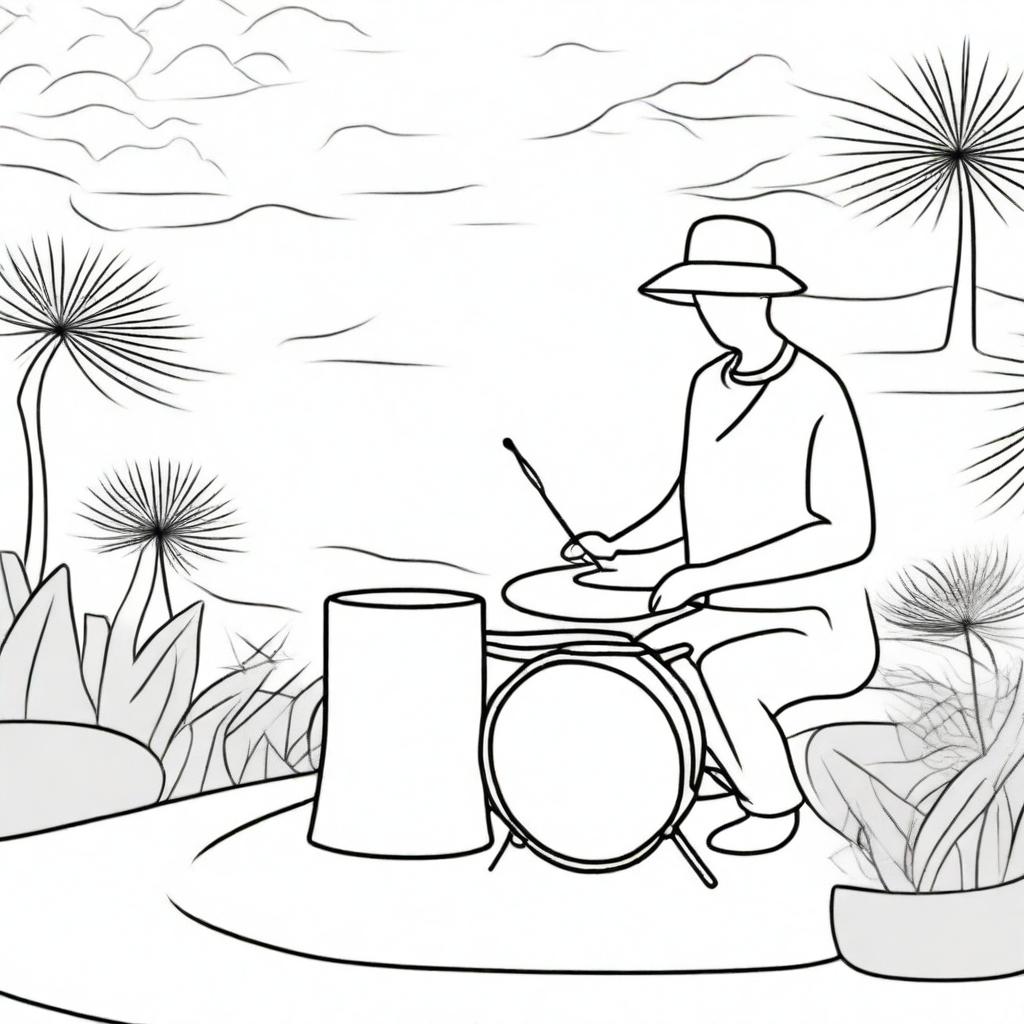 A simple line drawing of a drummer playing a drum set in a tranquil Zen garden