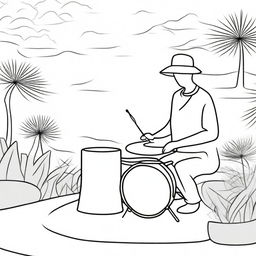 A simple line drawing of a drummer playing a drum set in a tranquil Zen garden