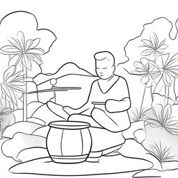 A simple line drawing of a drummer playing a drum set in a tranquil Zen garden