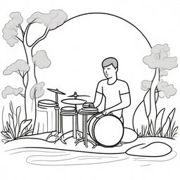 A simple line drawing of a drummer playing a drum set in a tranquil Zen garden