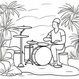 A simple line drawing of a drummer playing a drum set in a tranquil Zen garden