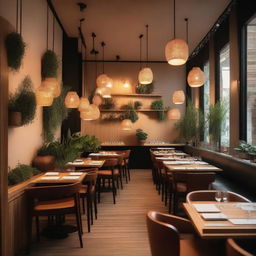 A cozy and modern restaurant interior with warm lighting, wooden furniture, and a welcoming atmosphere