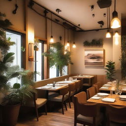 A cozy and modern restaurant interior with warm lighting, wooden furniture, and a welcoming atmosphere