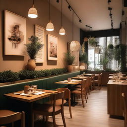 A cozy and modern restaurant interior with warm lighting, wooden furniture, and a welcoming atmosphere