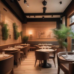 A cozy and modern restaurant interior with warm lighting, wooden furniture, and a welcoming atmosphere