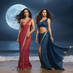 Disney-style illustration focusing on the figures of Nora Fatehi and Deepika Padukone together on a beach during a stormy night. Nora in fashionable attire and Deepika in a saree, with a backdrop of lightning and a half-covered moon.