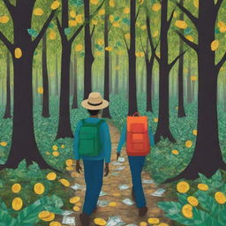 A simplistic stick figure, wearing a small backpack and a hat, walking through a vibrant, lush forest luxuriantly filled with money trees, coins as leaves, and banknotes as bark.