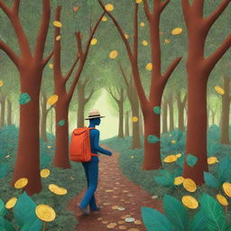 A simplistic stick figure, wearing a small backpack and a hat, walking through a vibrant, lush forest luxuriantly filled with money trees, coins as leaves, and banknotes as bark.