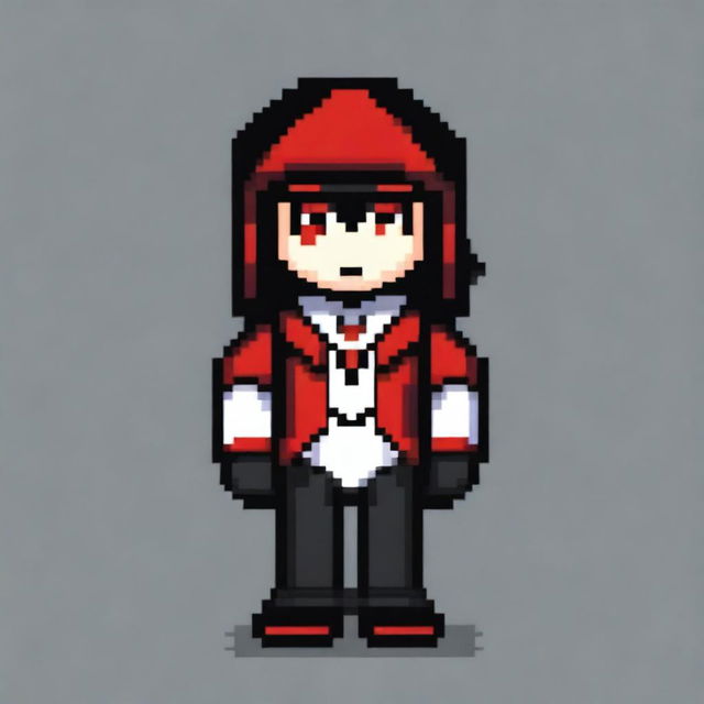 Un personaje de postura intimidante con ropa de color negra, ojos rojos y cabello medio con una combinación de colores negro, rojo y blanco, en estilo de arte píxel