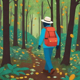 A simplistic stick figure, wearing a small backpack and a hat, walking through a vibrant, lush forest luxuriantly filled with money trees, coins as leaves, and banknotes as bark.