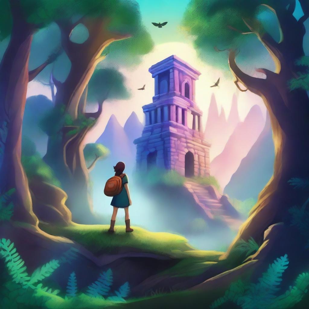 Create a captivating book cover featuring an adventurous scene with a protagonist exploring a mystical forest