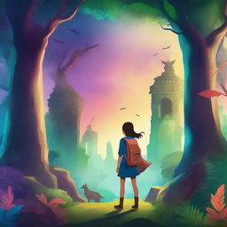 Create a captivating book cover featuring an adventurous scene with a protagonist exploring a mystical forest