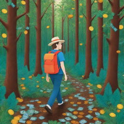 A simplistic stick figure, wearing a small backpack and a hat, walking through a vibrant, lush forest luxuriantly filled with money trees, coins as leaves, and banknotes as bark.