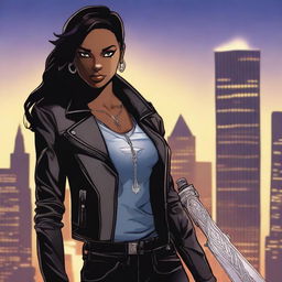 A dark-skinned female Shadowhunter in a leather jacket and jeans, with runes on her arms and neck