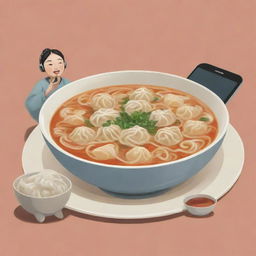 A cartoonish depiction of a plate of noodle soup with dumplings, and a human figure joyfully playing a mobile game together