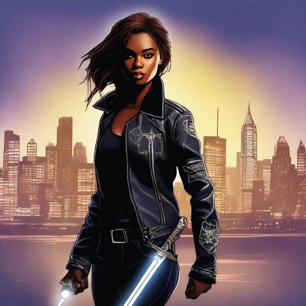 A dark-skinned female Shadowhunter in a leather jacket and jeans, with runes on her arms and neck