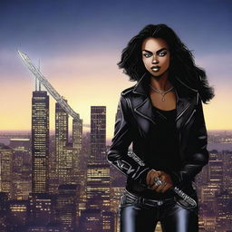 A dark-skinned female Shadowhunter in a leather jacket and jeans, with runes on her arms and neck