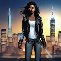 A dark-skinned female Shadowhunter in a leather jacket and jeans, with runes on her arms and neck