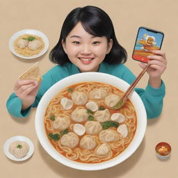 A cartoonish depiction of a plate of noodle soup with dumplings, and a human figure joyfully playing a mobile game together