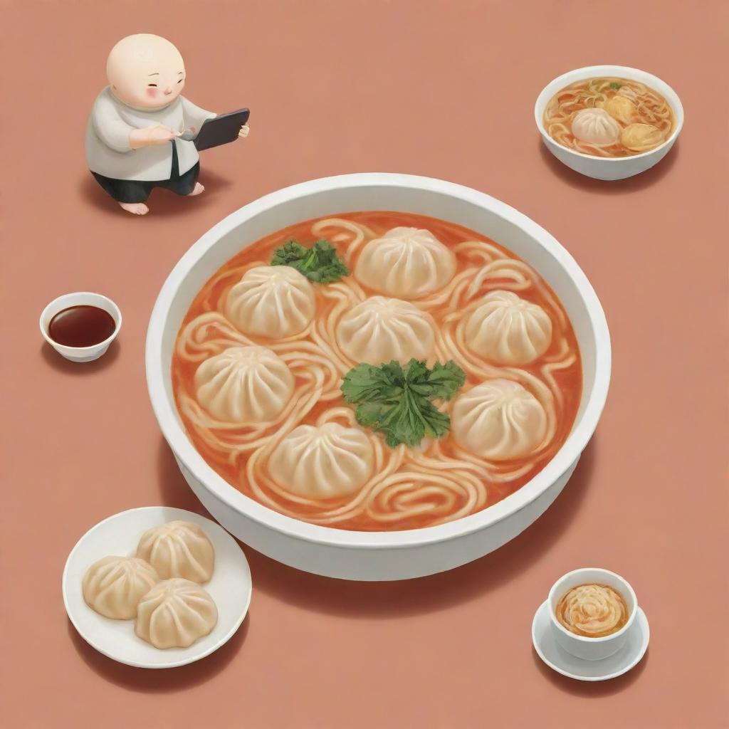 A cartoonish depiction of a plate of noodle soup with dumplings, and a human figure joyfully playing a mobile game together