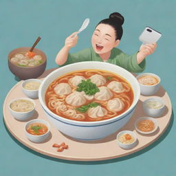 A cartoonish depiction of a plate of noodle soup with dumplings, and a human figure joyfully playing a mobile game together