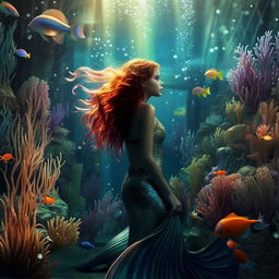 A teenage mermaid with long, shimmering hair, a vibrant, sparkling tail, while swimming amongst colorful underwater creatures and plants in a serene oceanic setting.