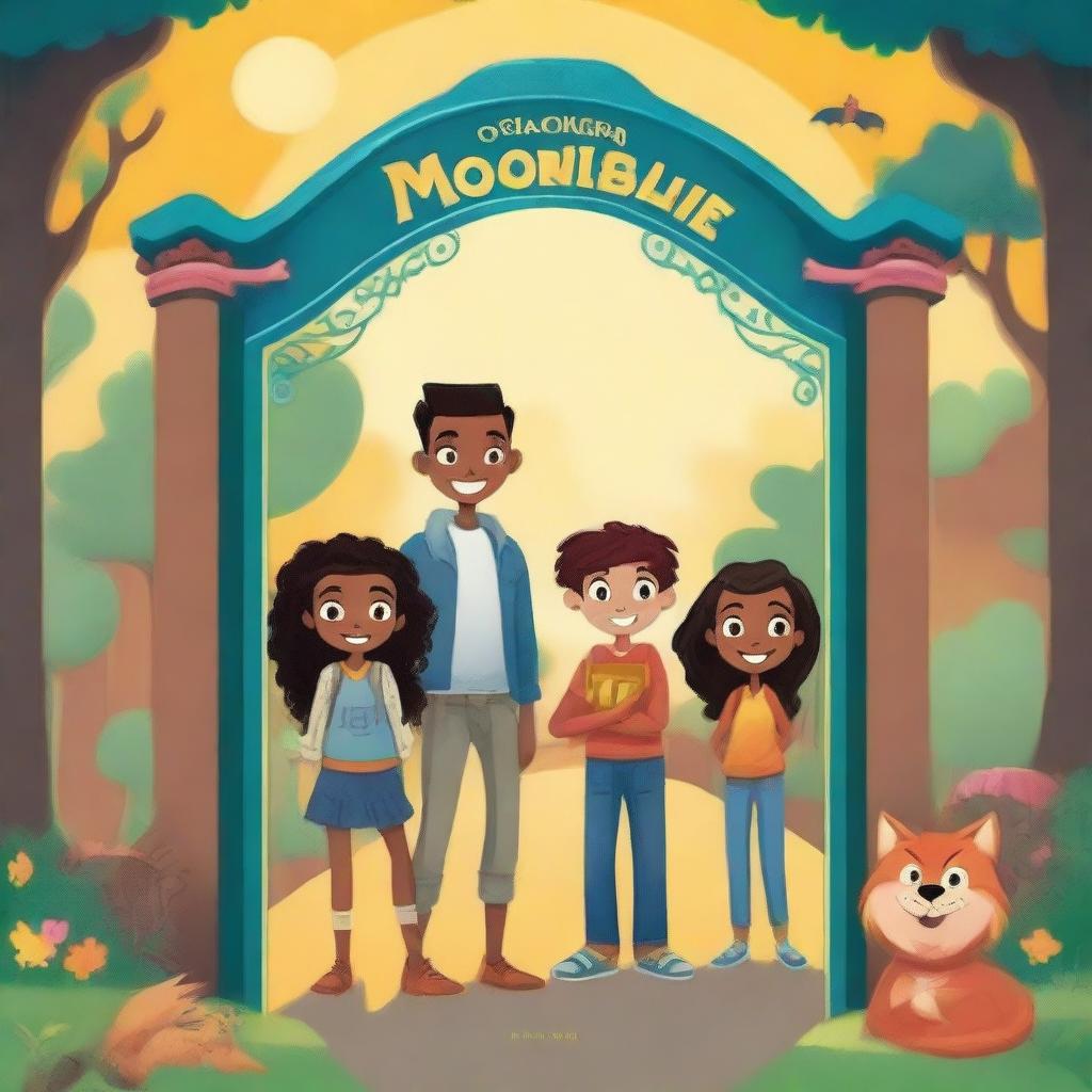 Create a vibrant and engaging book cover for a children's book titled 'Moonglow Avenue'