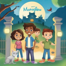 Create a vibrant and engaging book cover for a children's book titled 'Moonglow Avenue'