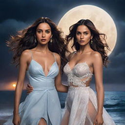 Disney-style illustration, closeup on the figures of Nora Fatehi and Deepika Padukone together on a stormy beach night. Nora in fashionable attire and Deepika in a nighty, set against a dramatic backdrop of lightning and a half-covered moon.