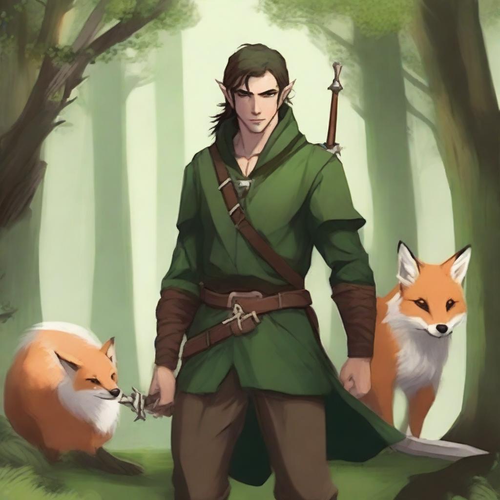 A male half-elf with forest green clothing, wielding a short sword and a short bow