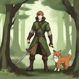 A male half-elf with forest green clothing, wielding a short sword and a short bow