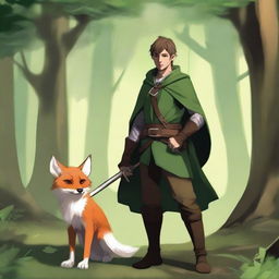 A male half-elf with forest green clothing, wielding a short sword and a short bow