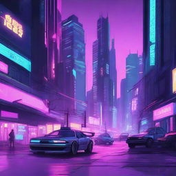 A detailed digital illustration of a cyberpunk cityscape at night, with neon lights, towering skyscrapers, and futuristic vehicles