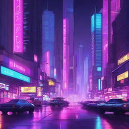 A detailed digital illustration of a cyberpunk cityscape at night, with neon lights, towering skyscrapers, and futuristic vehicles