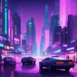 A detailed digital illustration of a cyberpunk cityscape at night, with neon lights, towering skyscrapers, and futuristic vehicles