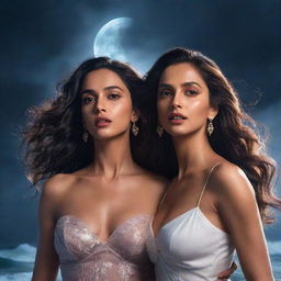 Disney-style illustration, closeup on the figures of Nora Fatehi and Deepika Padukone together on a stormy beach night. Nora in fashionable attire and Deepika in a nighty, set against a dramatic backdrop of lightning and a half-covered moon.