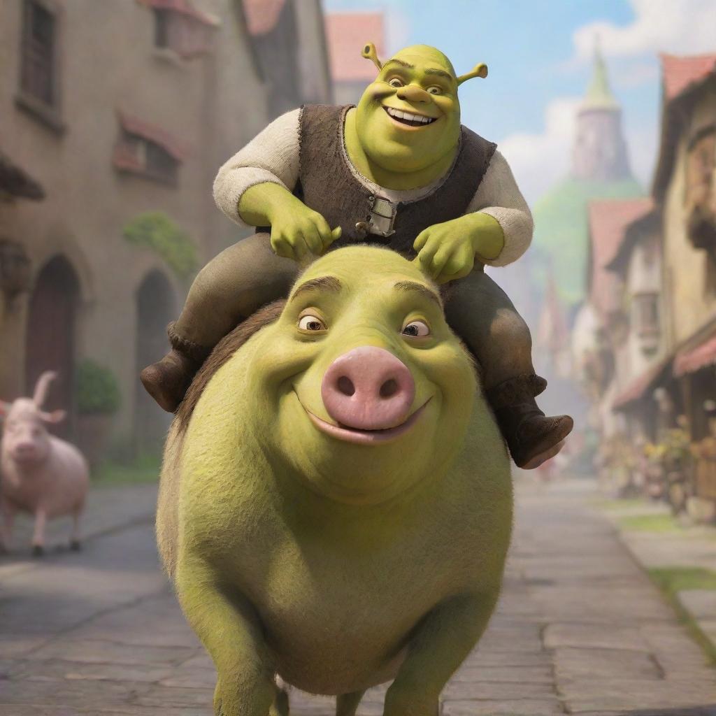 A realistically rendered Shrek from the animated movie, cheerfully riding on a pig in a lighthearted scene.