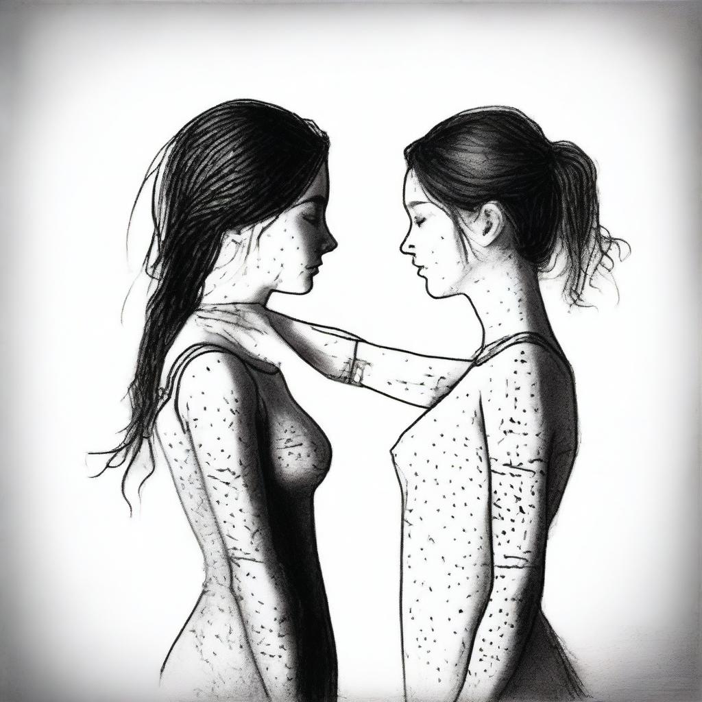 Create an image that symbolizes the bond between two girls who struggle with self-harm, represented only by their scars