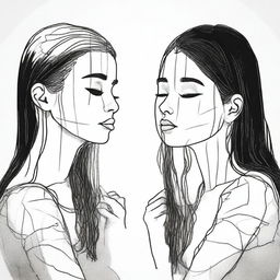 Create an image that symbolizes the bond between two girls who struggle with self-harm, represented only by their scars