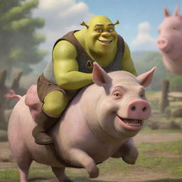 A realistically rendered Shrek from the animated movie, cheerfully riding on a pig in a lighthearted scene.