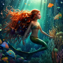 A teenage mermaid with long, shimmering hair, a vibrant, sparkling tail, while swimming amongst colorful underwater creatures and plants in a serene oceanic setting.