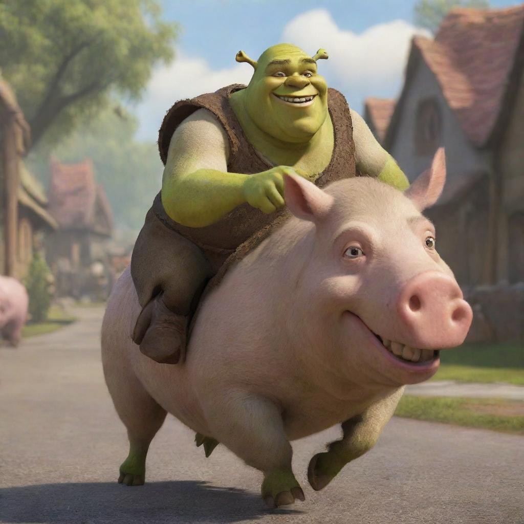 A realistically rendered Shrek from the animated movie, cheerfully riding on a pig in a lighthearted scene.