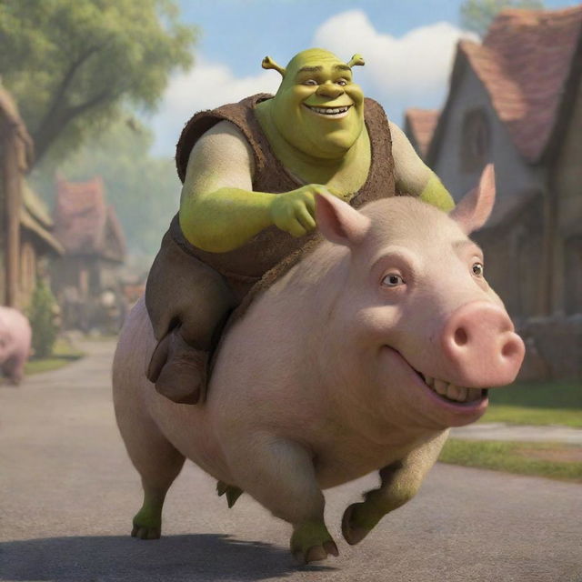 A realistically rendered Shrek from the animated movie, cheerfully riding on a pig in a lighthearted scene.