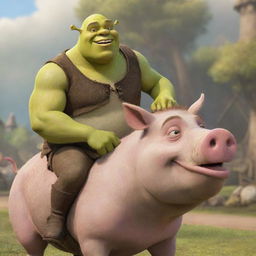 A realistically rendered Shrek from the animated movie, cheerfully riding on a pig in a lighthearted scene.